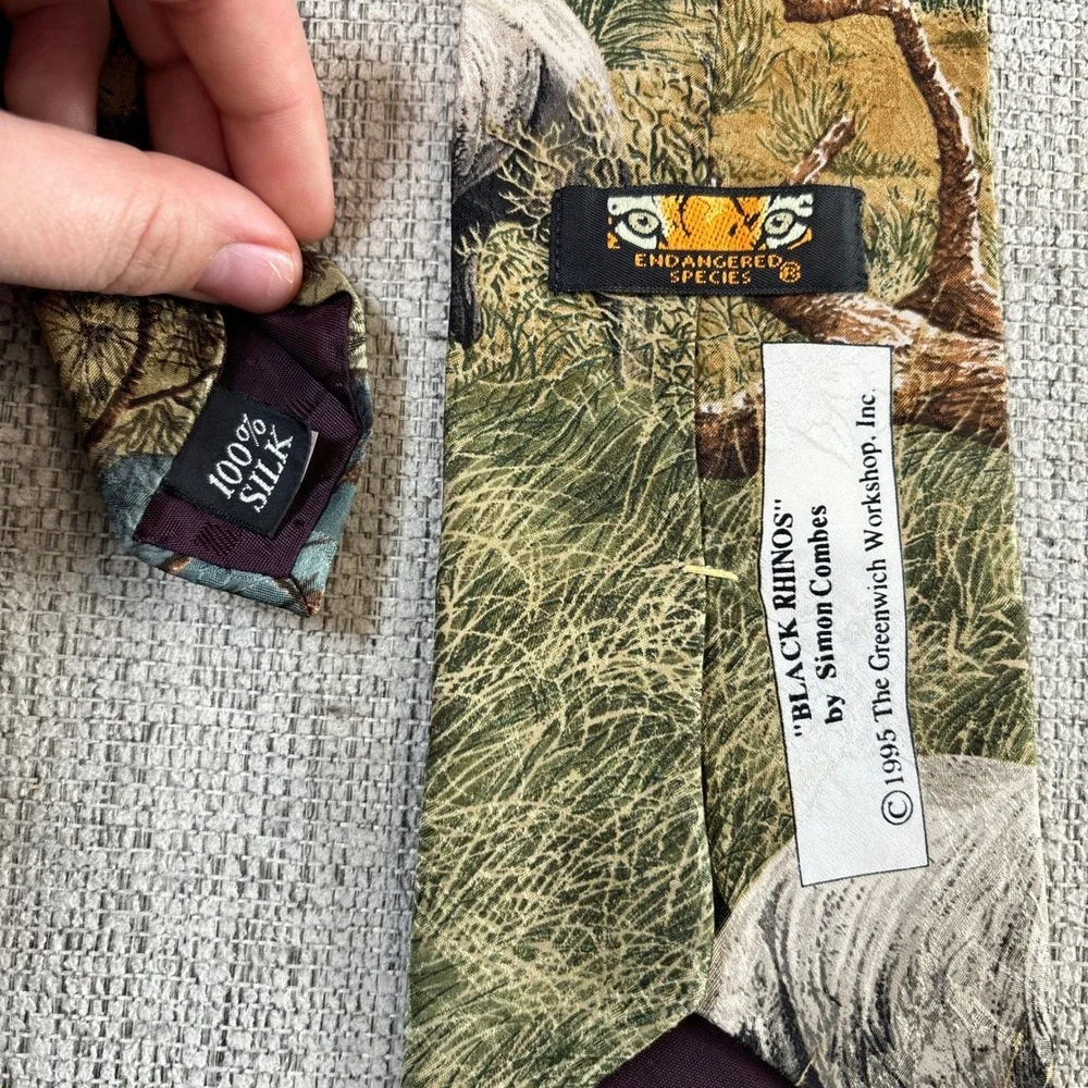 Vintage Simon Combes Black Rhinos Endangered‎ Species Silk Necktie 1995